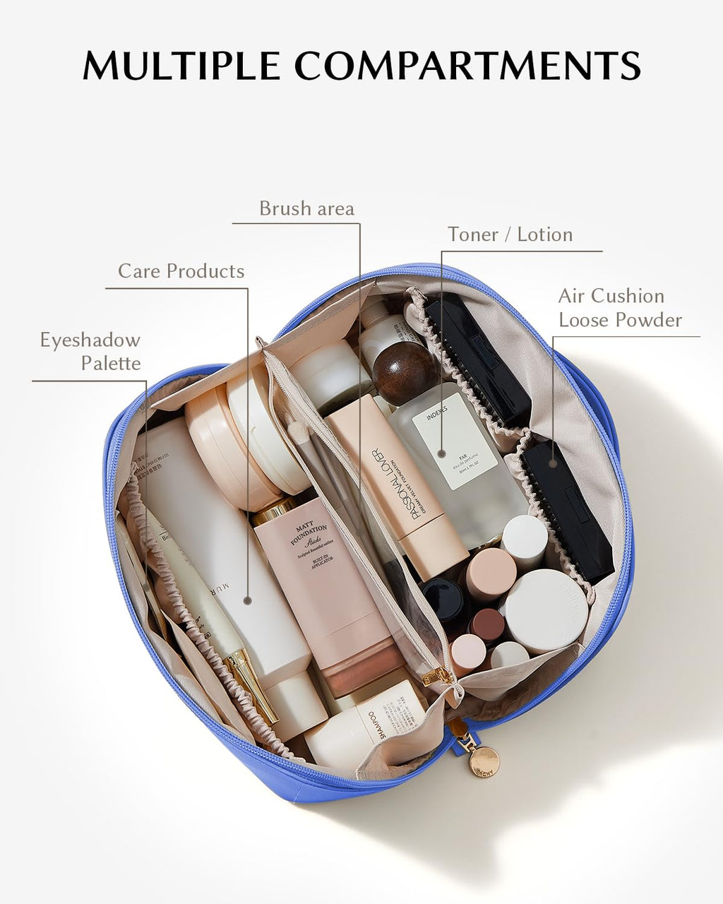 EACHY Travel Makeup Bag for Women, PU Leather Cosmetic Bag, Brown, Medium | Water-resistant PU leather exterior with flat-open access, clear TPU brush compartment and organized storage for cosmetics