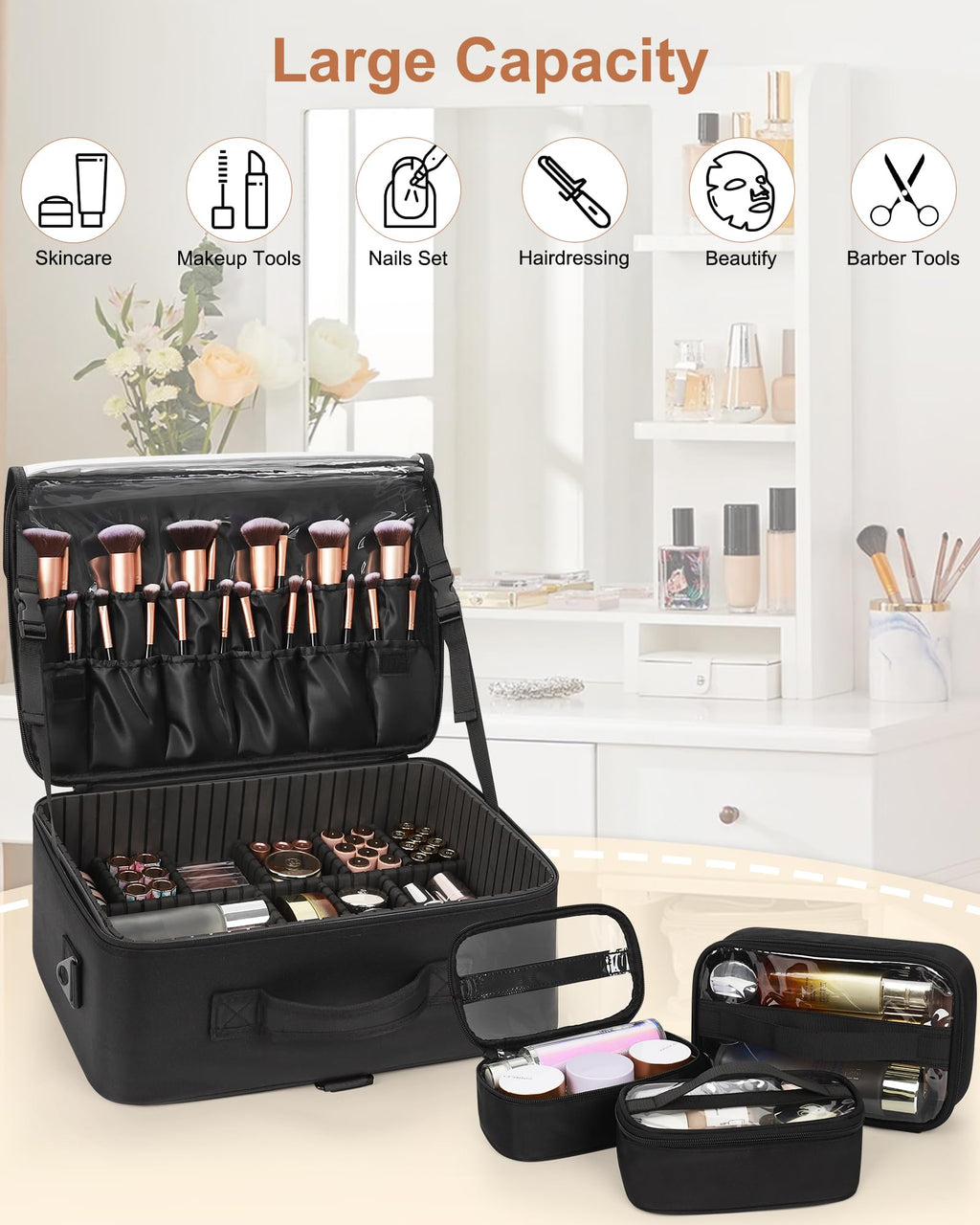 Relavel Makeup Case Large Makeup Bag Professional Train Case 16.5 inches Travel Cosmetic Organizer Brush Holder Waterproof Makeup Artist Storage Box, 3 Layer Large Capacity, with Adjustable Strap
