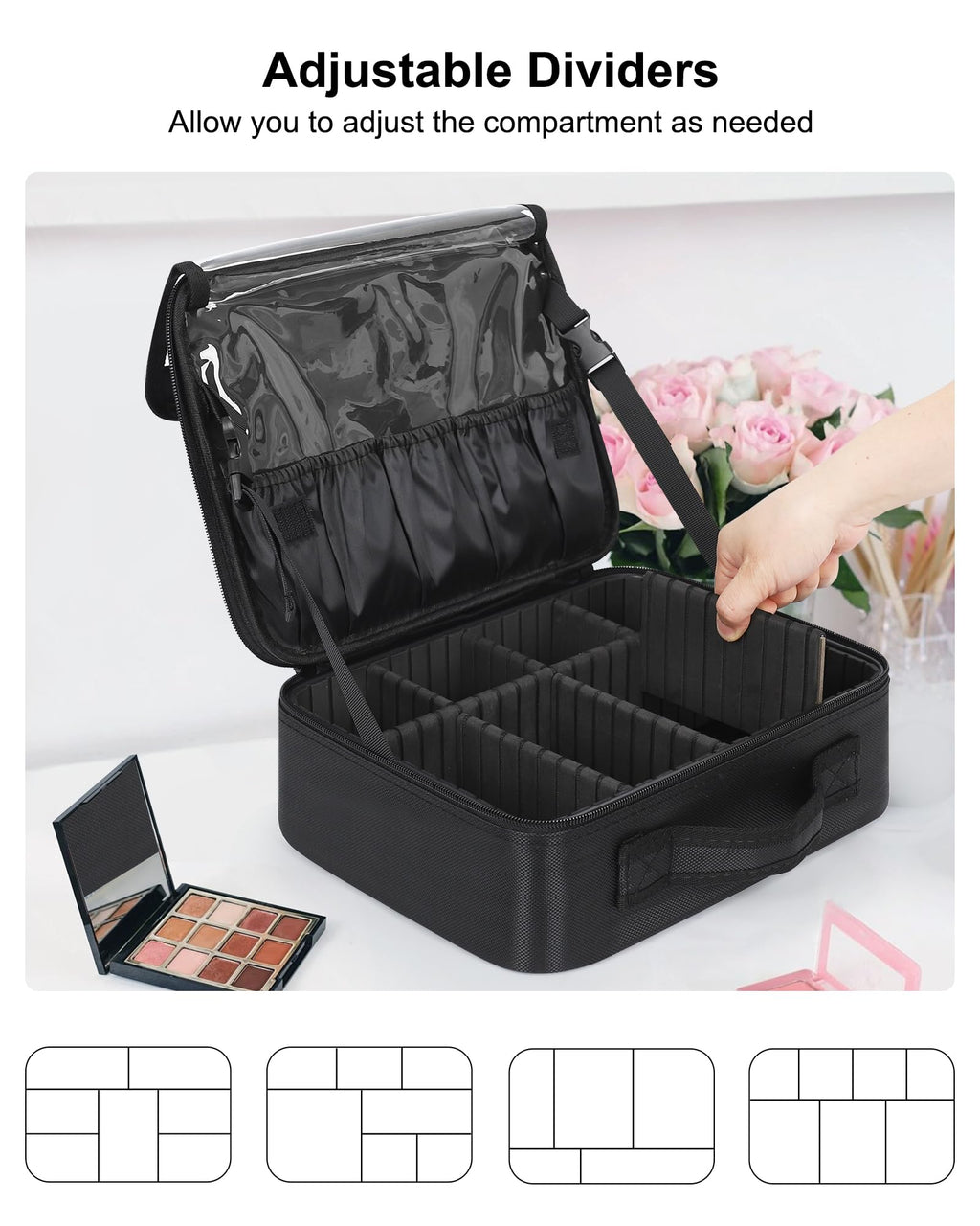 Relavel Makeup Case Large Makeup Bag Professional Train Case 16.5 inches Travel Cosmetic Organizer Brush Holder Waterproof Makeup Artist Storage Box, 3 Layer Large Capacity, with Adjustable Strap