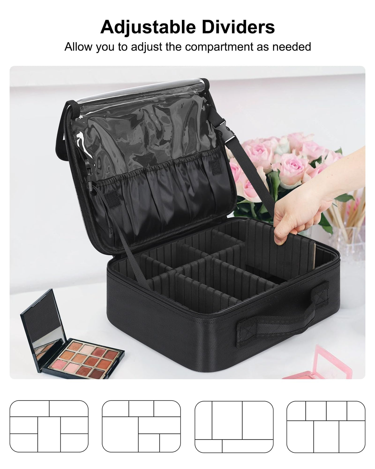 Relavel Makeup Case Large Makeup Bag Professional Train Case 16.5 inches Travel Cosmetic Organizer Brush Holder Waterproof Makeup Artist Storage Box, 3 Layer Large Capacity, with Adjustable Strap