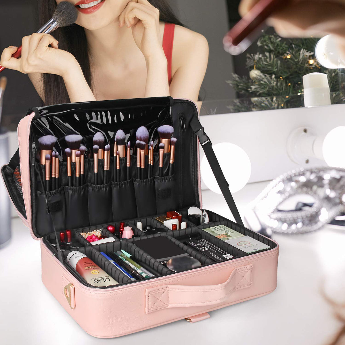 Relavel Makeup Case Large Makeup Bag Professional Train Case 16.5 inches Travel Cosmetic Organizer Brush Holder Waterproof Makeup Artist Storage Box, 3 Layer Large Capacity, with Adjustable Strap