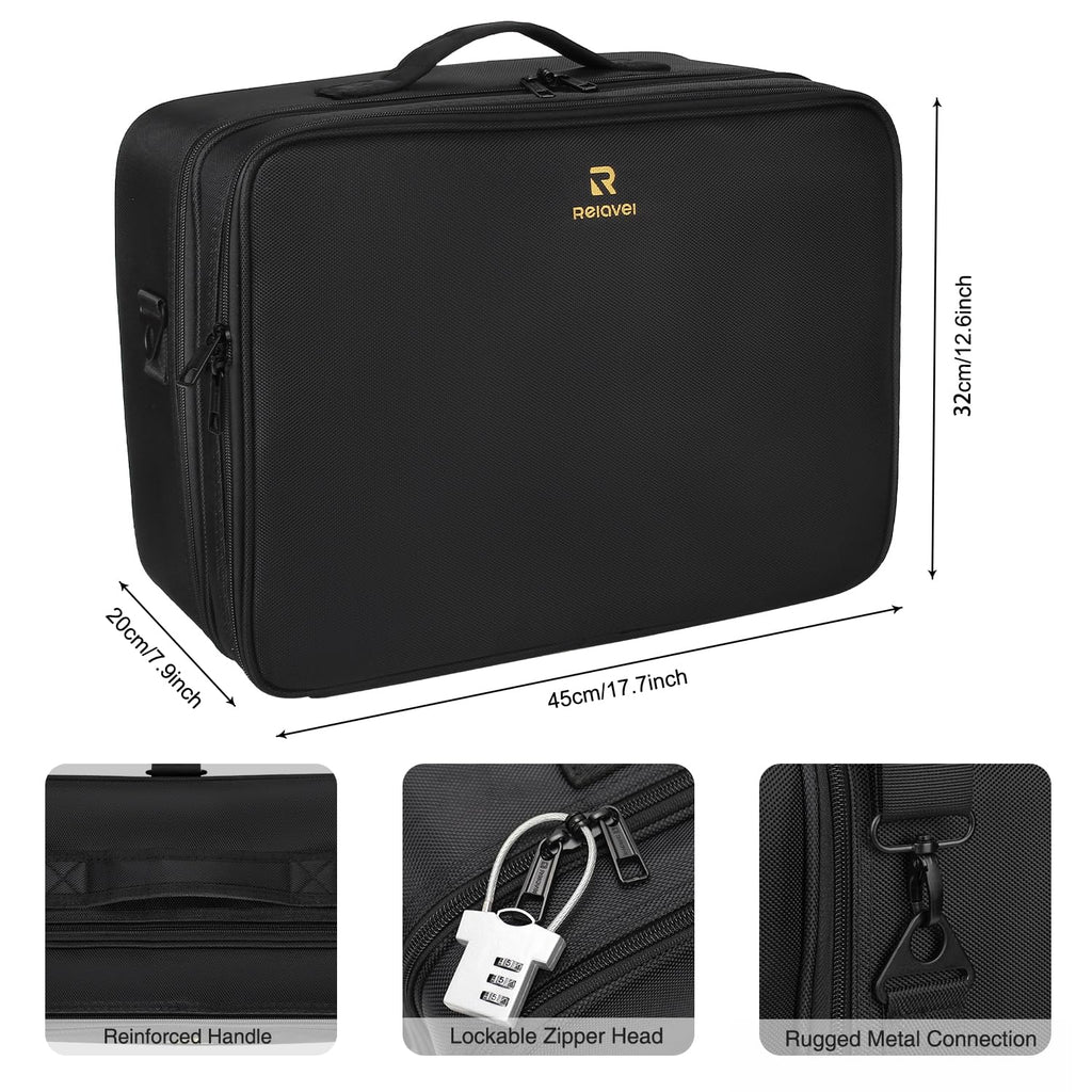 Relavel Makeup Case Large Makeup Bag Professional Train Case 16.5 inches Travel Cosmetic Organizer Brush Holder Waterproof Makeup Artist Storage Box, 3 Layer Large Capacity, with Adjustable Strap