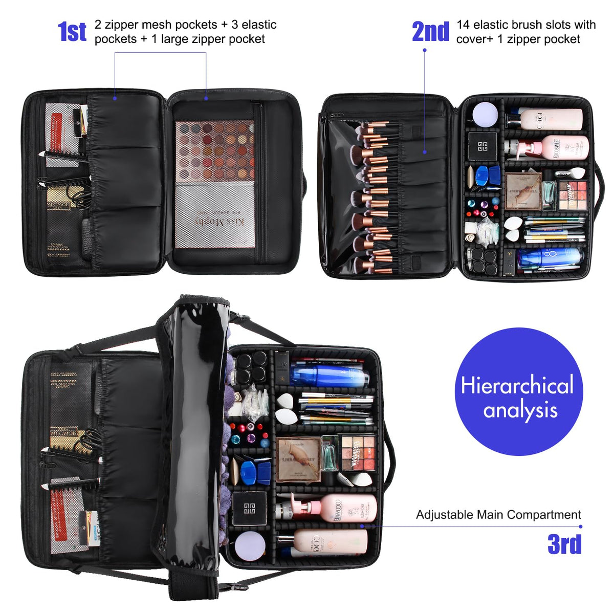 Relavel Makeup Case Large Makeup Bag Professional Train Case 16.5 inches Travel Cosmetic Organizer Brush Holder Waterproof Makeup Artist Storage Box, 3 Layer Large Capacity, with Adjustable Strap