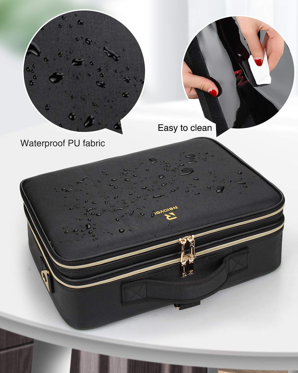 Relavel Makeup Case Large Makeup Bag Professional Train Case 16.5 inches Travel Cosmetic Organizer Brush Holder Waterproof Makeup Artist Storage Box, 3 Layer Large Capacity, with Adjustable Strap