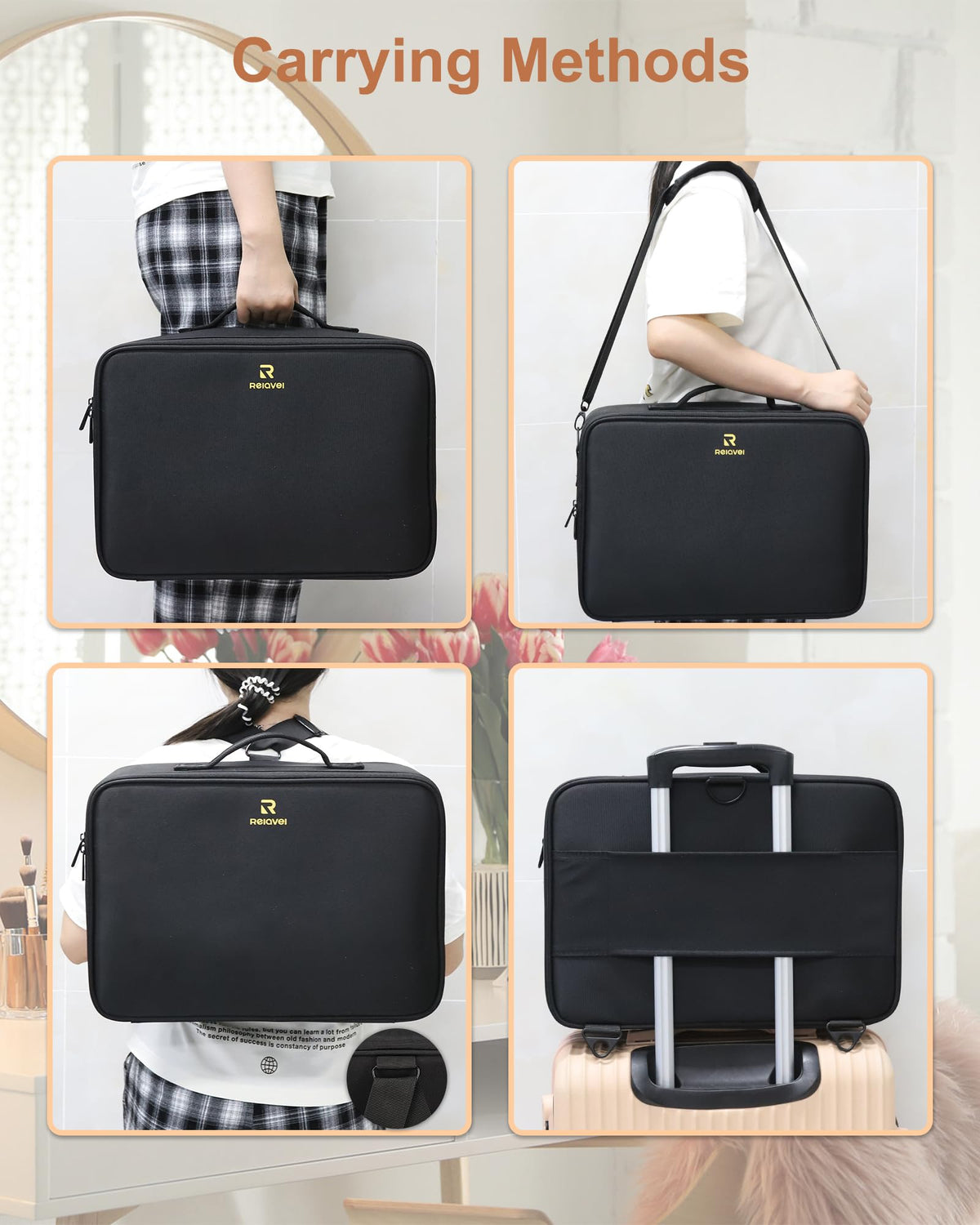 Relavel Makeup Case Large Makeup Bag Professional Train Case 16.5 inches Travel Cosmetic Organizer Brush Holder Waterproof Makeup Artist Storage Box, 3 Layer Large Capacity, with Adjustable Strap