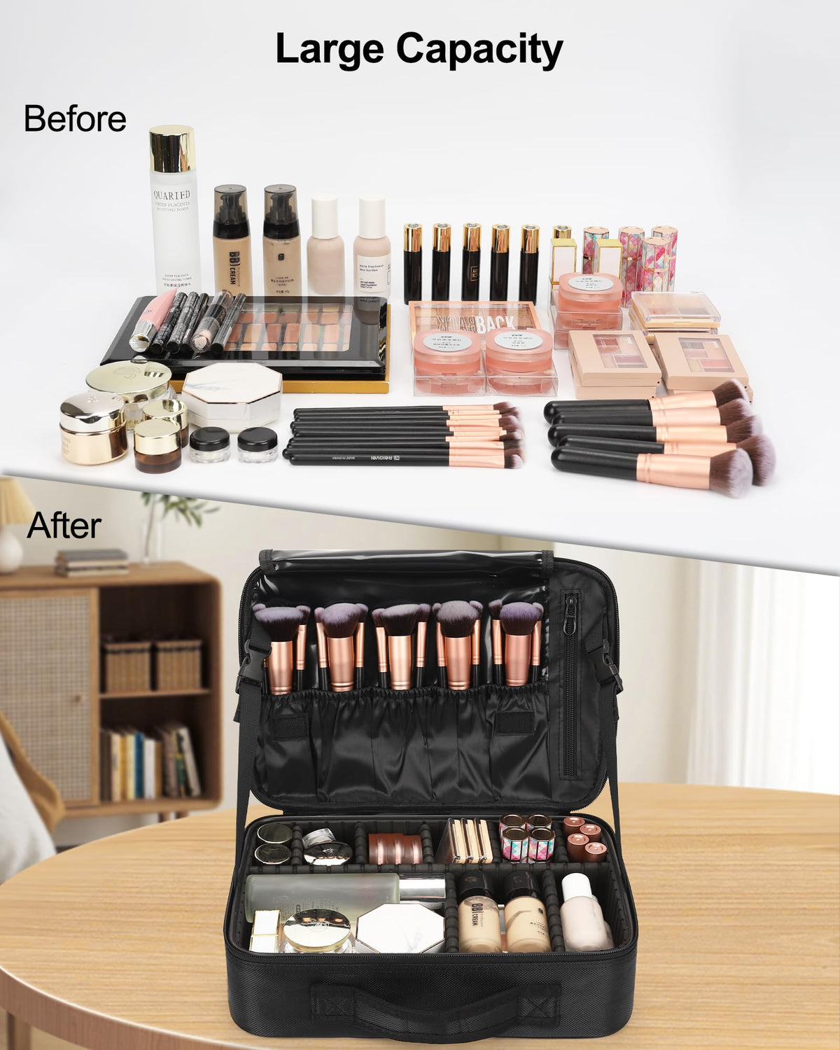 Relavel Makeup Case Large Makeup Bag Professional Train Case 16.5 inches Travel Cosmetic Organizer Brush Holder Waterproof Makeup Artist Storage Box, 3 Layer Large Capacity, with Adjustable Strap