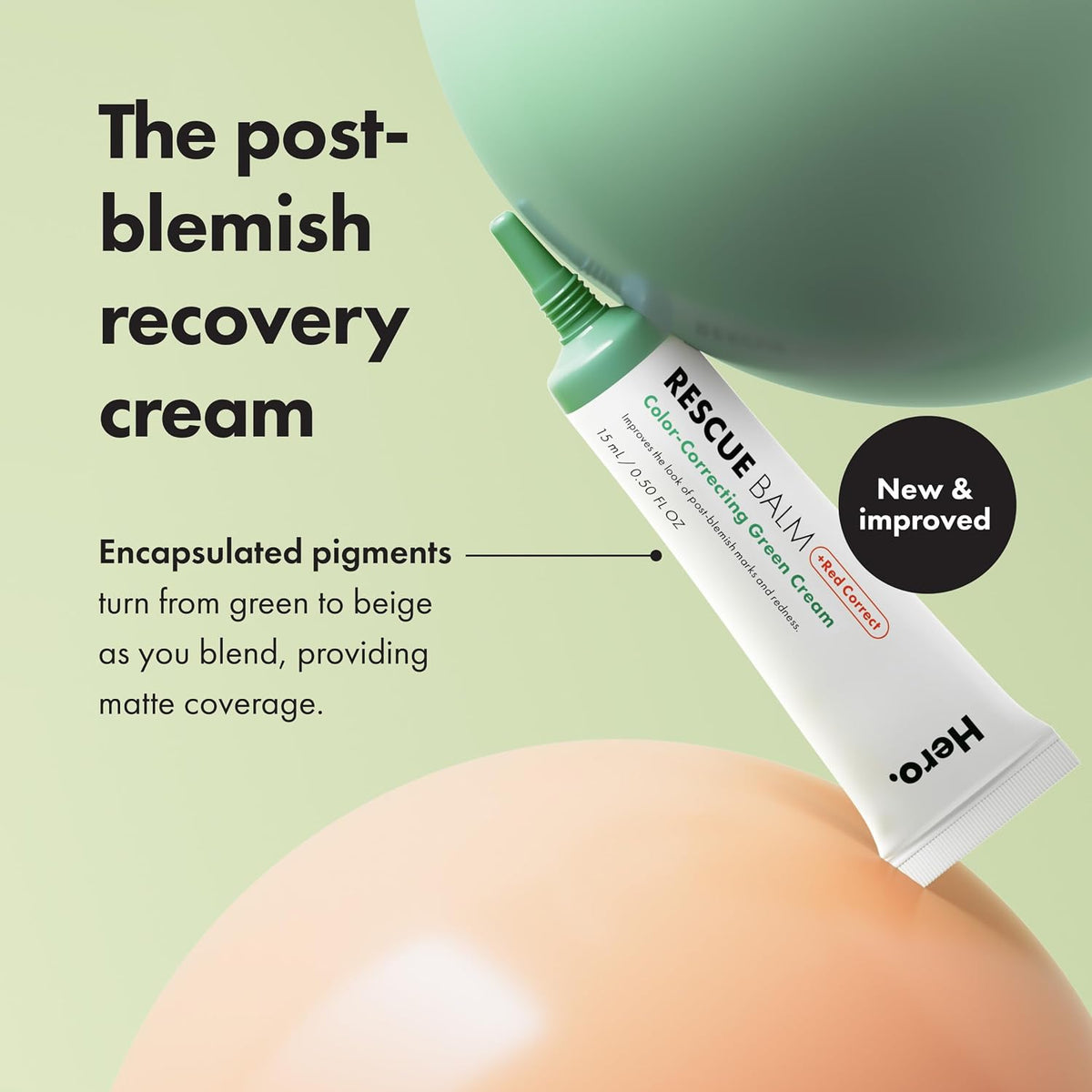 HERO COSMETICS Rescue Balm +Red Correct- New Formula-The Color-Correcting Green Cream. New Matte Formula Improves the Look of Post-Blemish Redness and Marks plus Hydrates Skin