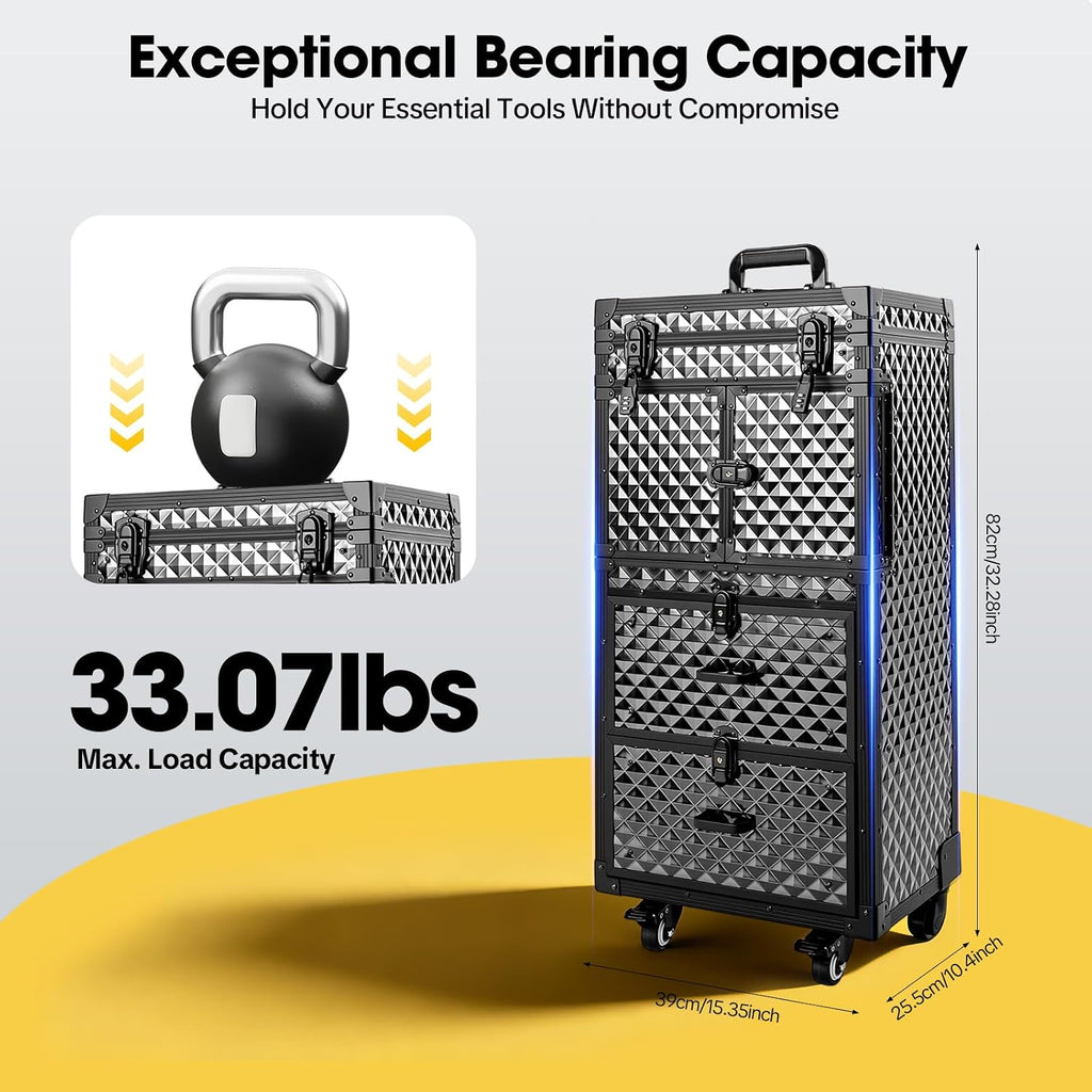 Professional Rolling Lockable Makeup Train Case on Wheels, Aluminum Makeup Travel Organizer Cosmetic Case With 4Universal Wheels/2Combination Locks Retractable Tray For Hairdresser Makeup Artist