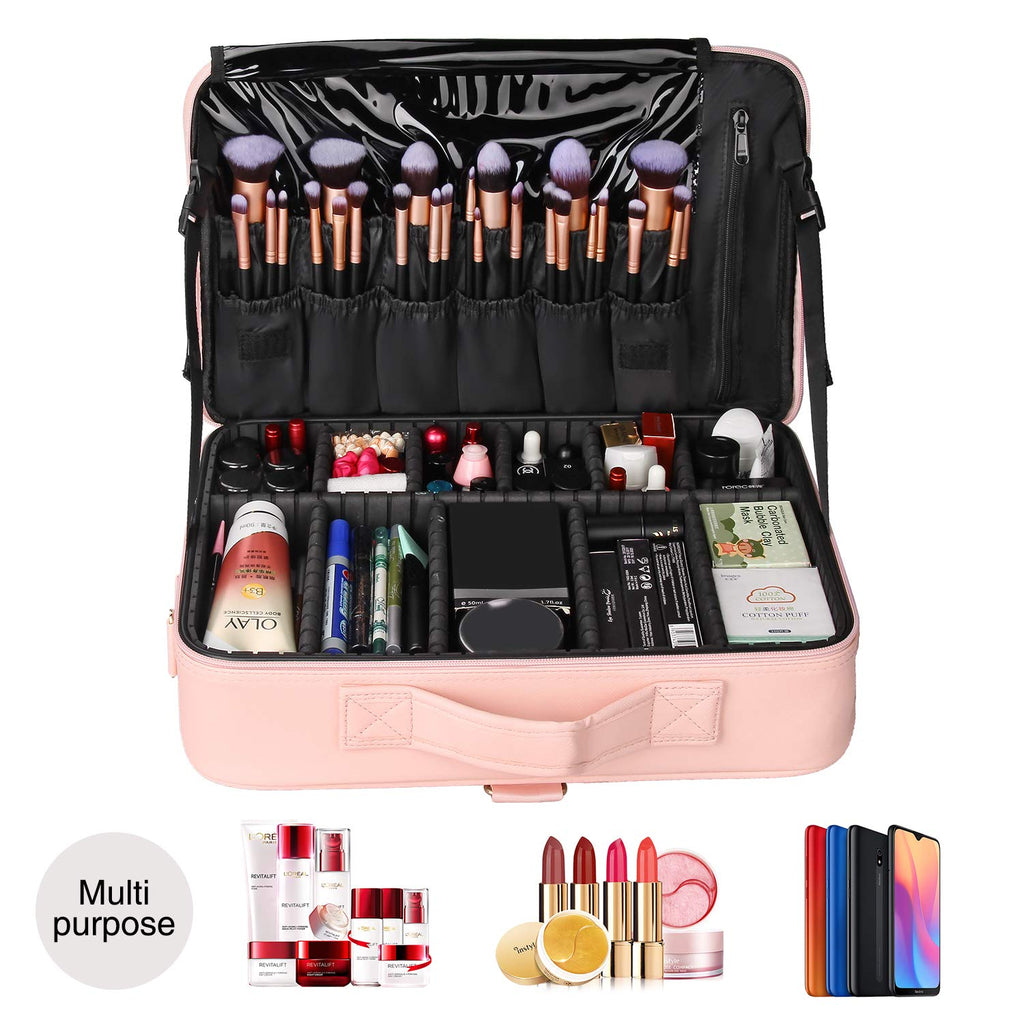 Relavel Makeup Case Large Makeup Bag Professional Train Case 16.5 inches Travel Cosmetic Organizer Brush Holder Waterproof Makeup Artist Storage Box, 3 Layer Large Capacity, with Adjustable Strap