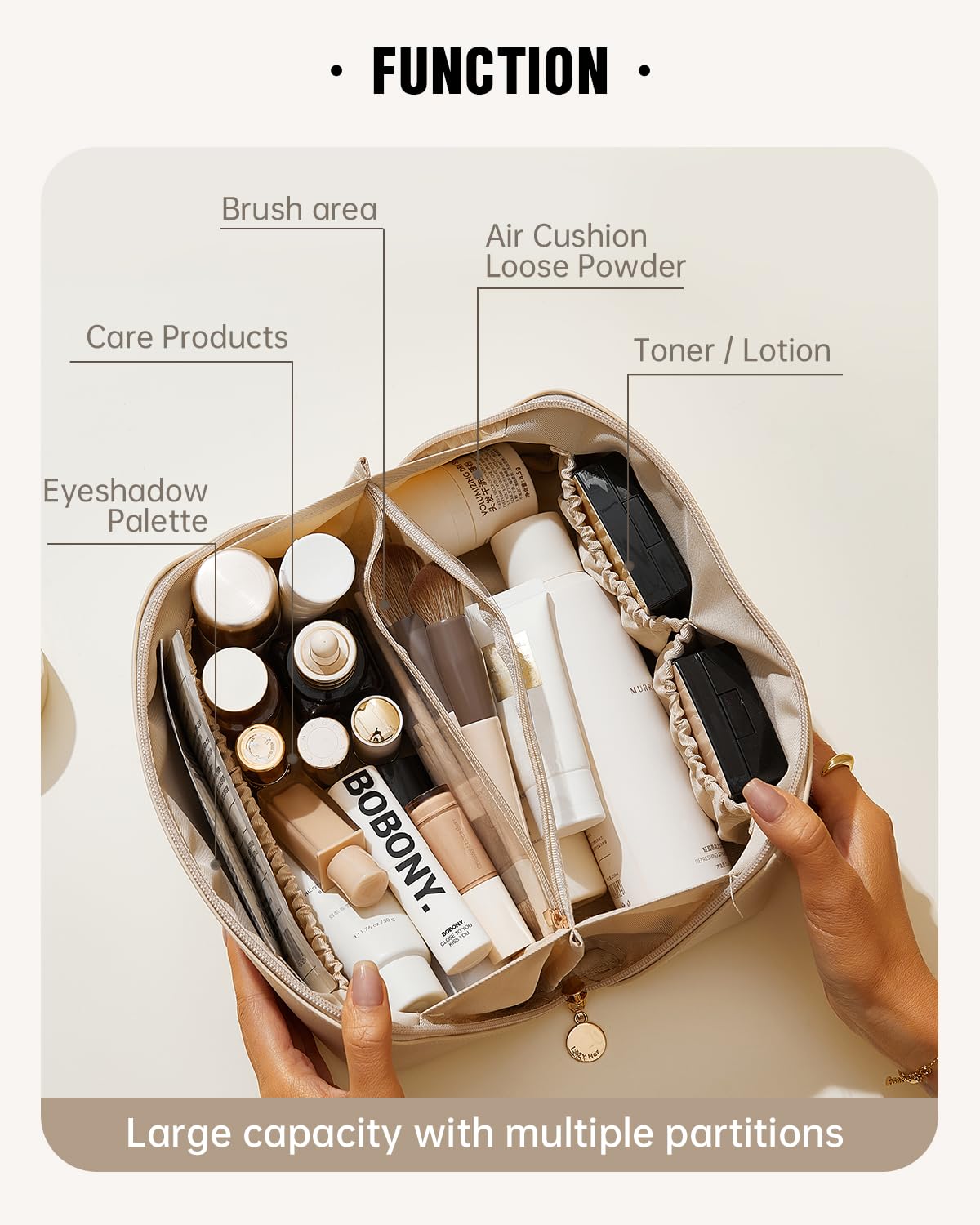 EACHY Travel Makeup Bag for Women, PU Leather Cosmetic Bag, Brown, Medium | Water-resistant PU leather exterior with flat-open access, clear TPU brush compartment and organized storage for cosmetics