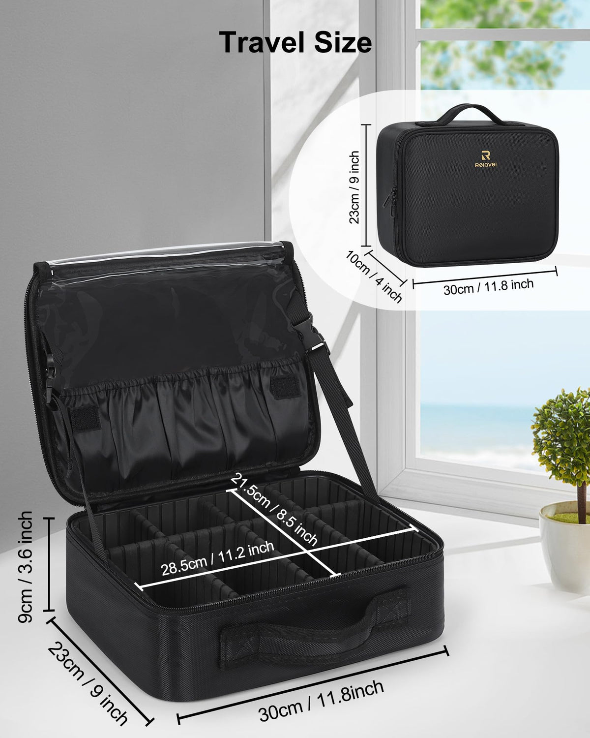 Relavel Makeup Case Large Makeup Bag Professional Train Case 16.5 inches Travel Cosmetic Organizer Brush Holder Waterproof Makeup Artist Storage Box, 3 Layer Large Capacity, with Adjustable Strap