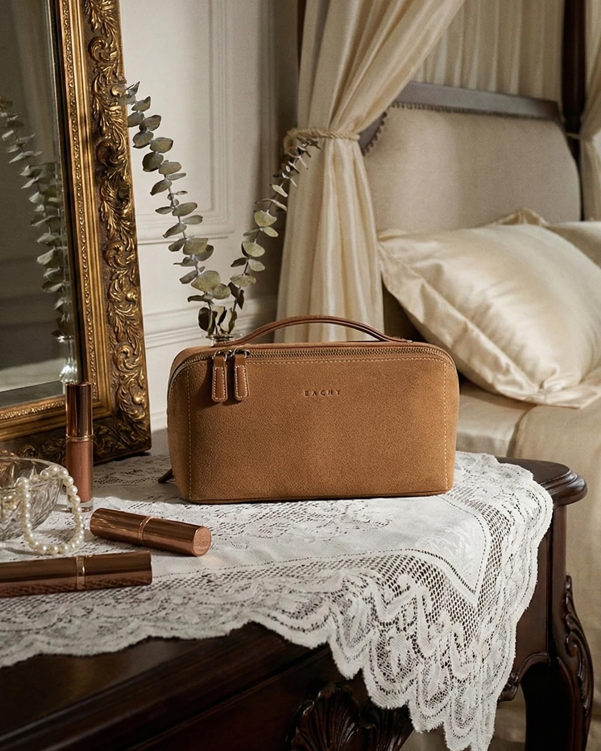 EACHY Travel Makeup Bag for Women, PU Leather Cosmetic Bag, Brown, Medium | Water-resistant PU leather exterior with flat-open access, clear TPU brush compartment and organized storage for cosmetics
