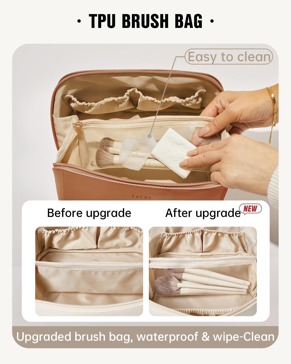 EACHY Travel Makeup Bag for Women, PU Leather Cosmetic Bag, Brown, Medium | Water-resistant PU leather exterior with flat-open access, clear TPU brush compartment and organized storage for cosmetics