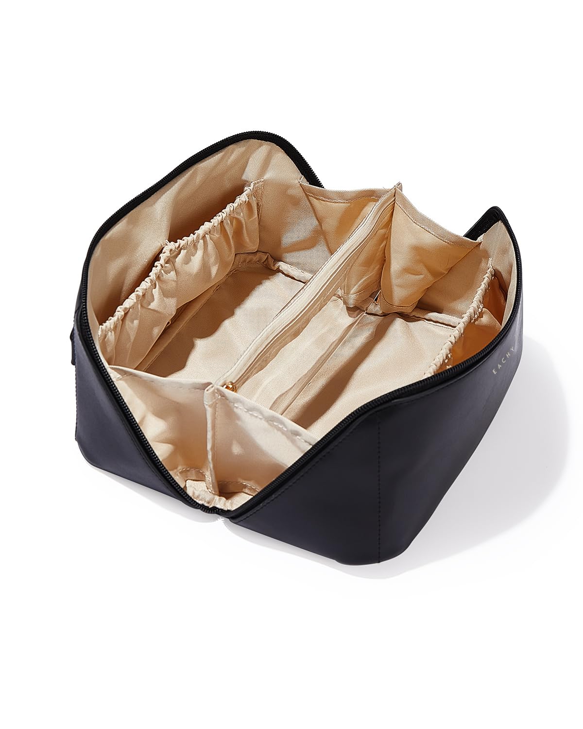 EACHY Travel Makeup Bag for Women, PU Leather Cosmetic Bag, Brown, Medium | Water-resistant PU leather exterior with flat-open access, clear TPU brush compartment and organized storage for cosmetics
