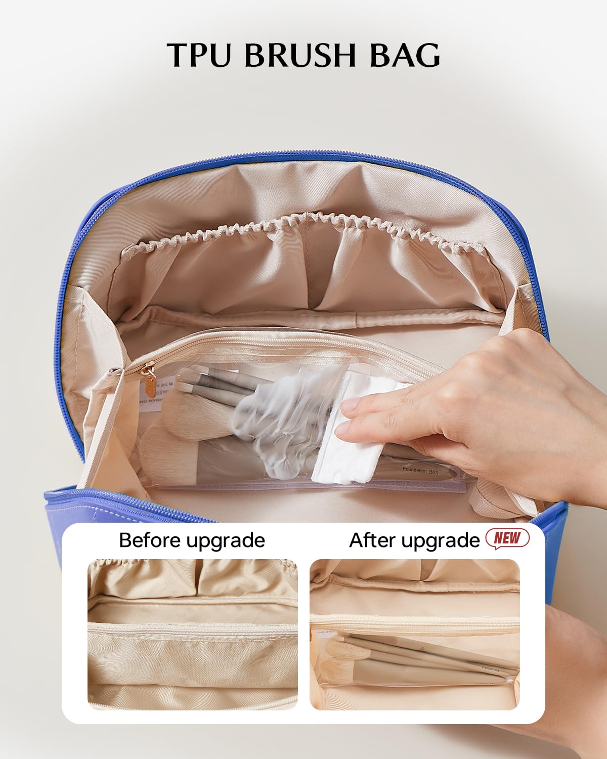 EACHY Travel Makeup Bag for Women, PU Leather Cosmetic Bag, Brown, Medium | Water-resistant PU leather exterior with flat-open access, clear TPU brush compartment and organized storage for cosmetics