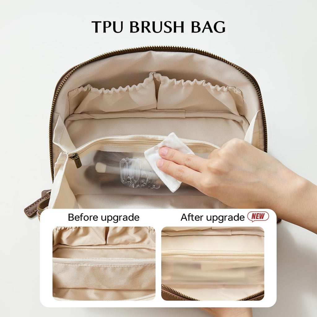 EACHY Travel Makeup Bag for Women, PU Leather Cosmetic Bag, Brown, Medium | Water-resistant PU leather exterior with flat-open access, clear TPU brush compartment and organized storage for cosmetics