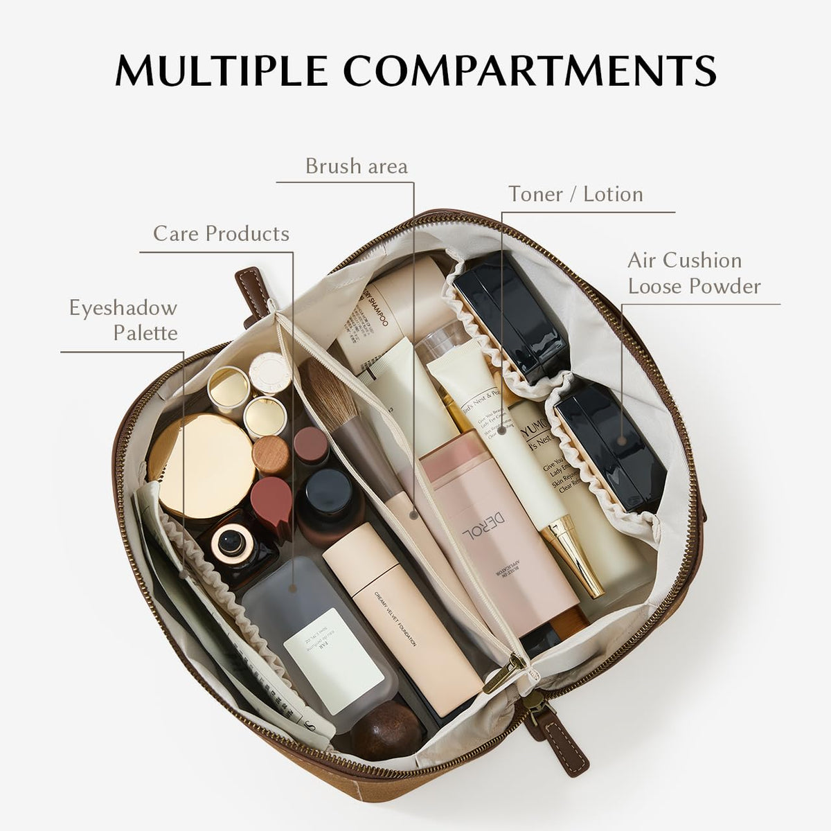 EACHY Travel Makeup Bag for Women, PU Leather Cosmetic Bag, Brown, Medium | Water-resistant PU leather exterior with flat-open access, clear TPU brush compartment and organized storage for cosmetics