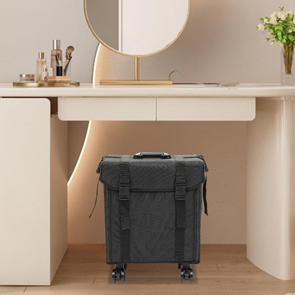 16.54in Rolling Makeup Case, Multifuctional Soft Sided Make up Train Case, Multi-tier Makeup Suitcase with Wheels for Makeup Artist Nail Technician and Hairstylist