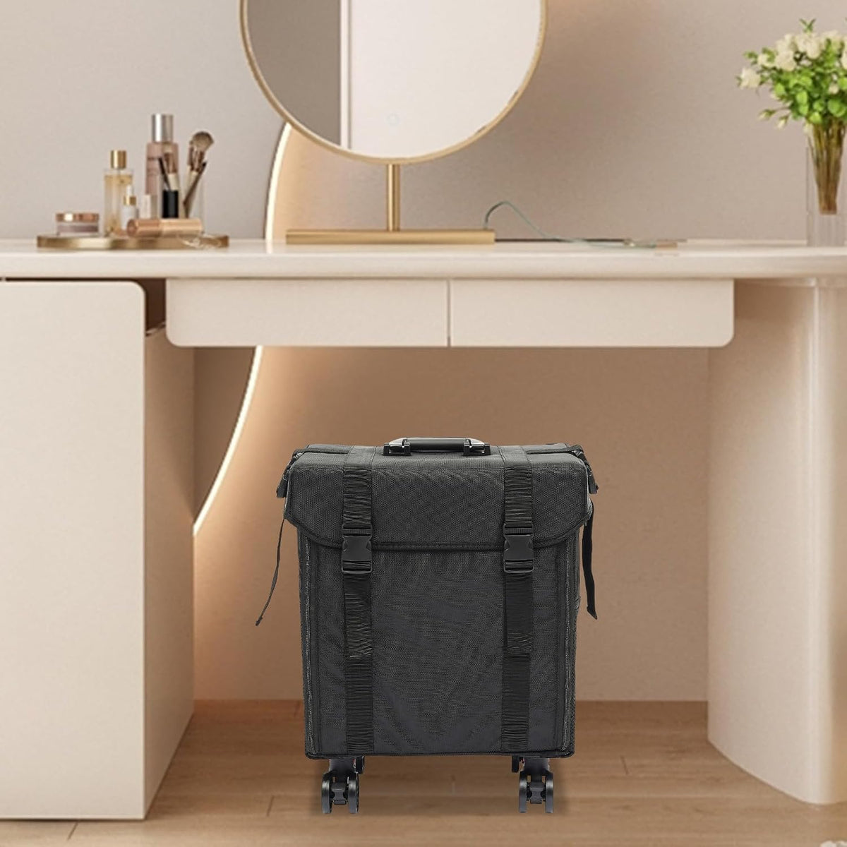 16.54in Rolling Makeup Case, Multifuctional Soft Sided Make up Train Case, Multi-tier Makeup Suitcase with Wheels for Makeup Artist Nail Technician and Hairstylist
