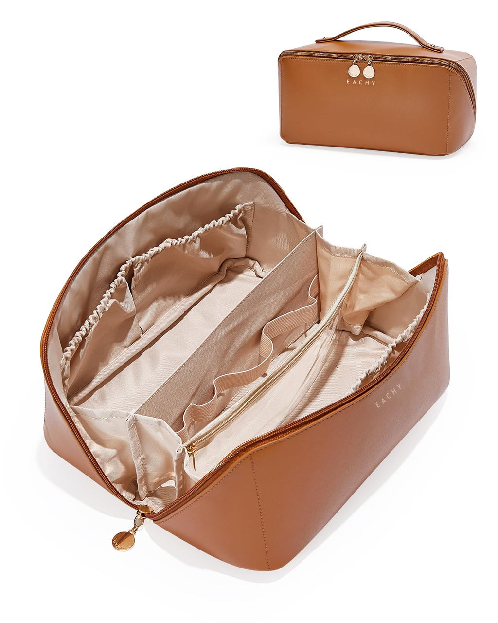 EACHY Travel Makeup Bag for Women, PU Leather Cosmetic Bag, Brown, Medium | Water-resistant PU leather exterior with flat-open access, clear TPU brush compartment and organized storage for cosmetics