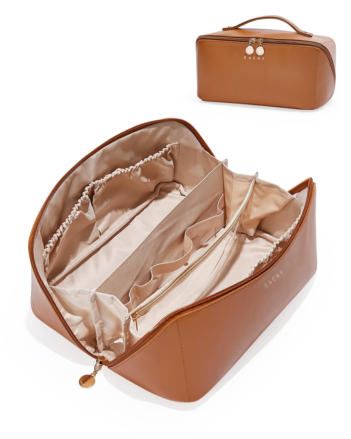 EACHY Travel Makeup Bag for Women, PU Leather Cosmetic Bag, Brown, Medium | Water-resistant PU leather exterior with flat-open access, clear TPU brush compartment and organized storage for cosmetics