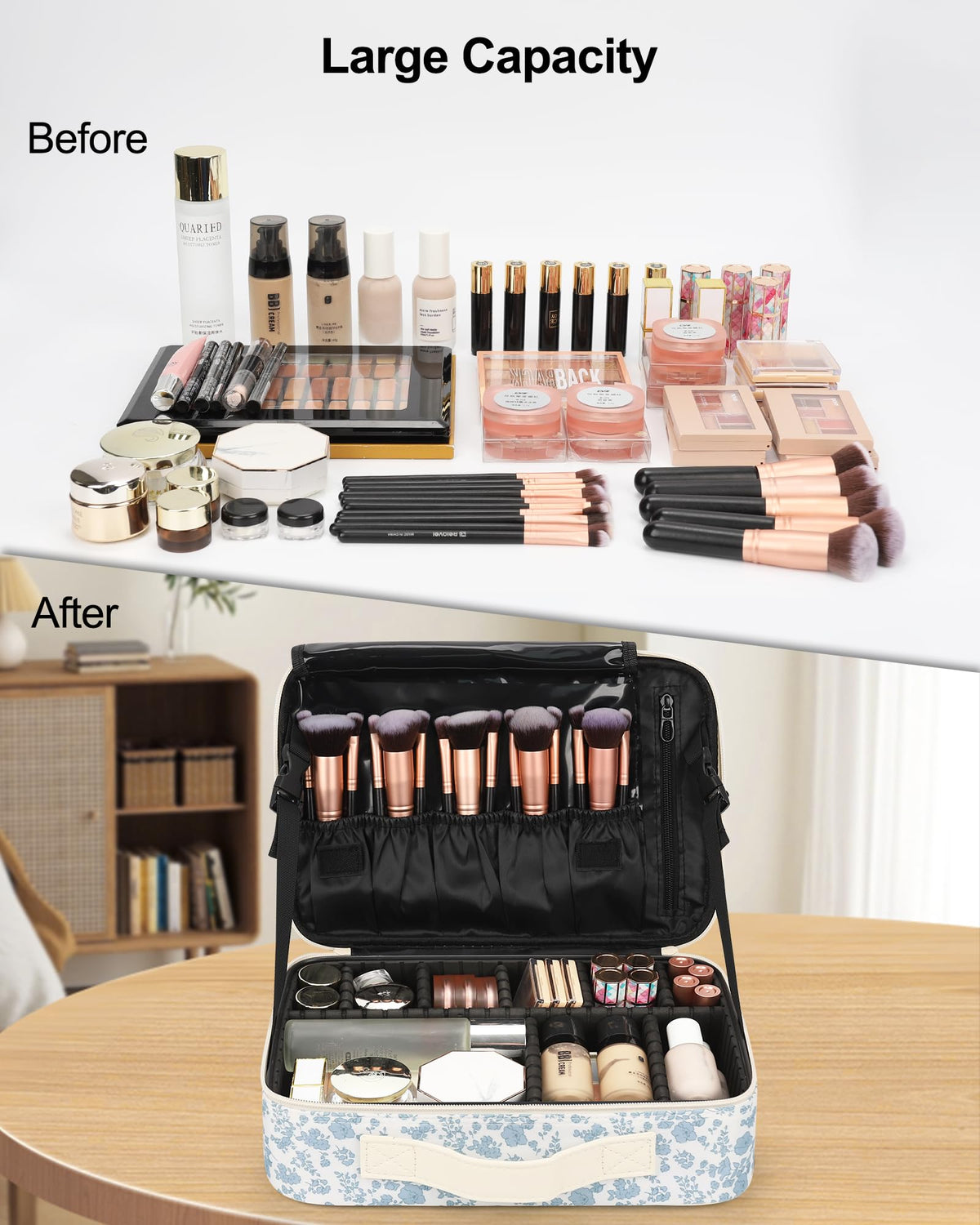 Relavel Makeup Case Large Makeup Bag Professional Train Case 16.5 inches Travel Cosmetic Organizer Brush Holder Waterproof Makeup Artist Storage Box, 3 Layer Large Capacity, with Adjustable Strap