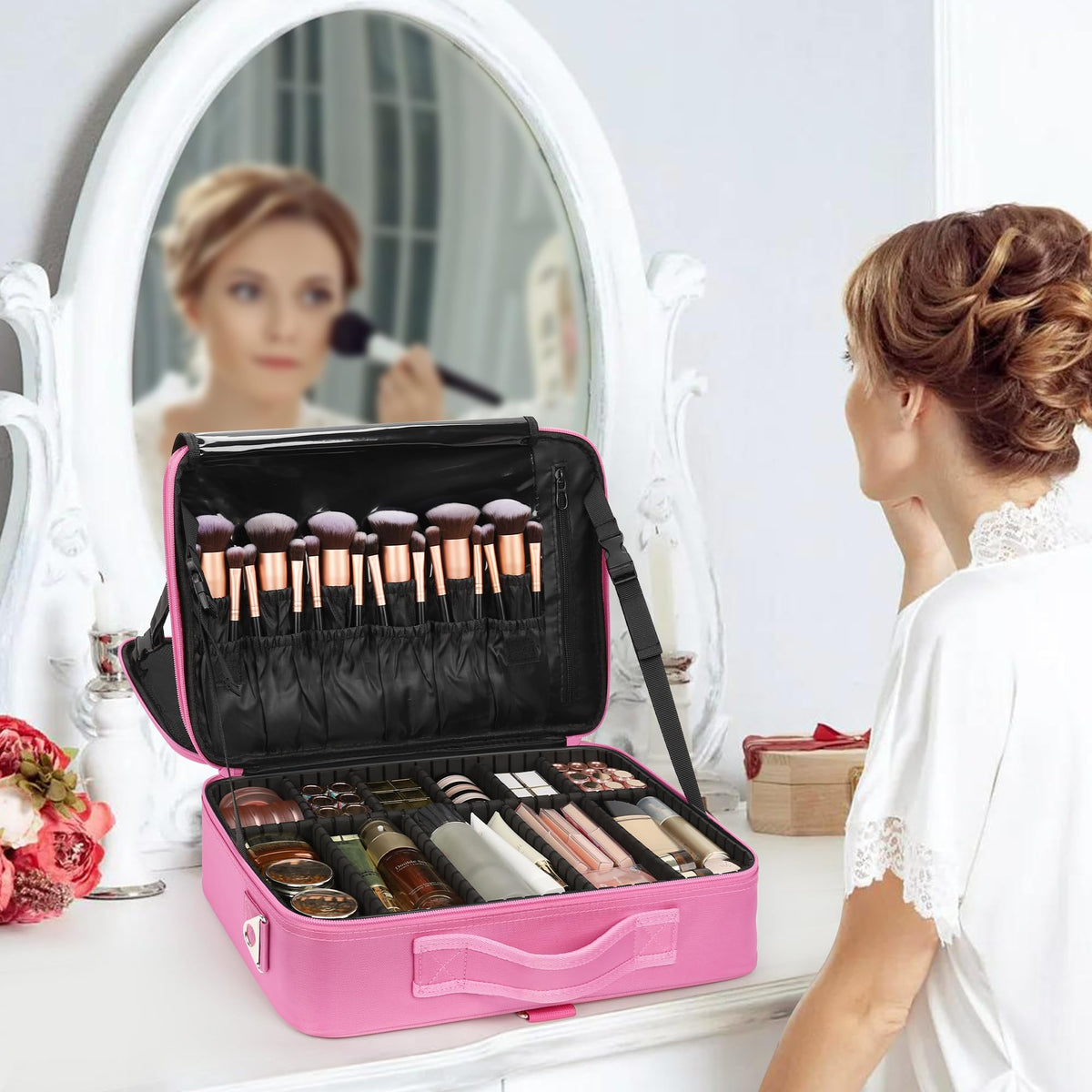 Relavel Makeup Case Large Makeup Bag Professional Train Case 16.5 inches Travel Cosmetic Organizer Brush Holder Waterproof Makeup Artist Storage Box, 3 Layer Large Capacity, with Adjustable Strap