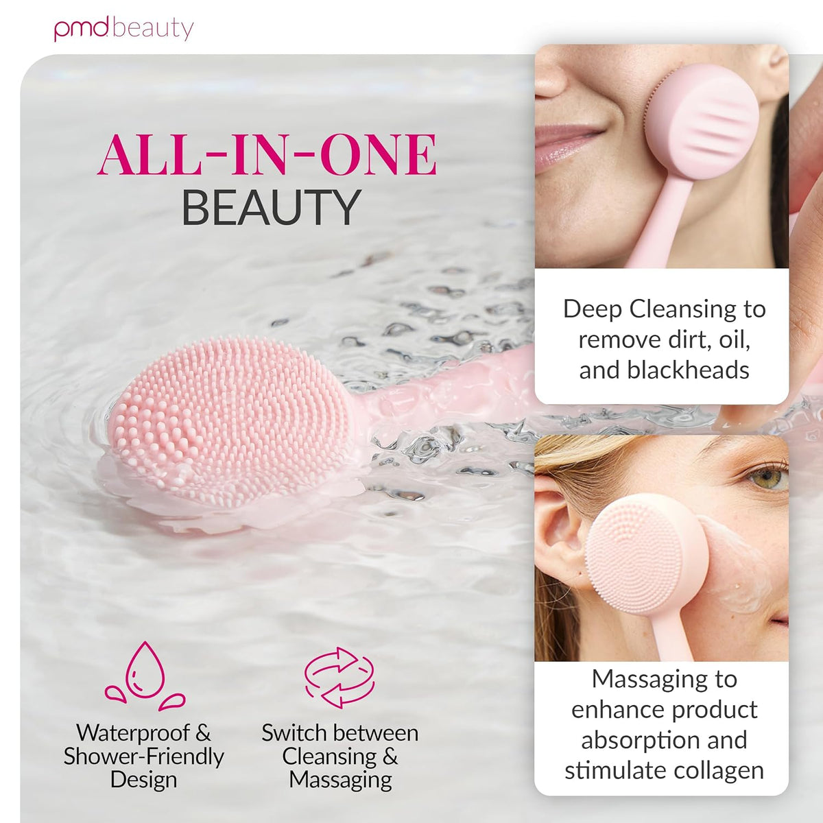 PMD Beauty Clean Facial Cleansing Brush – Waterproof Silicone Face Cleanser with Sonic Technology
