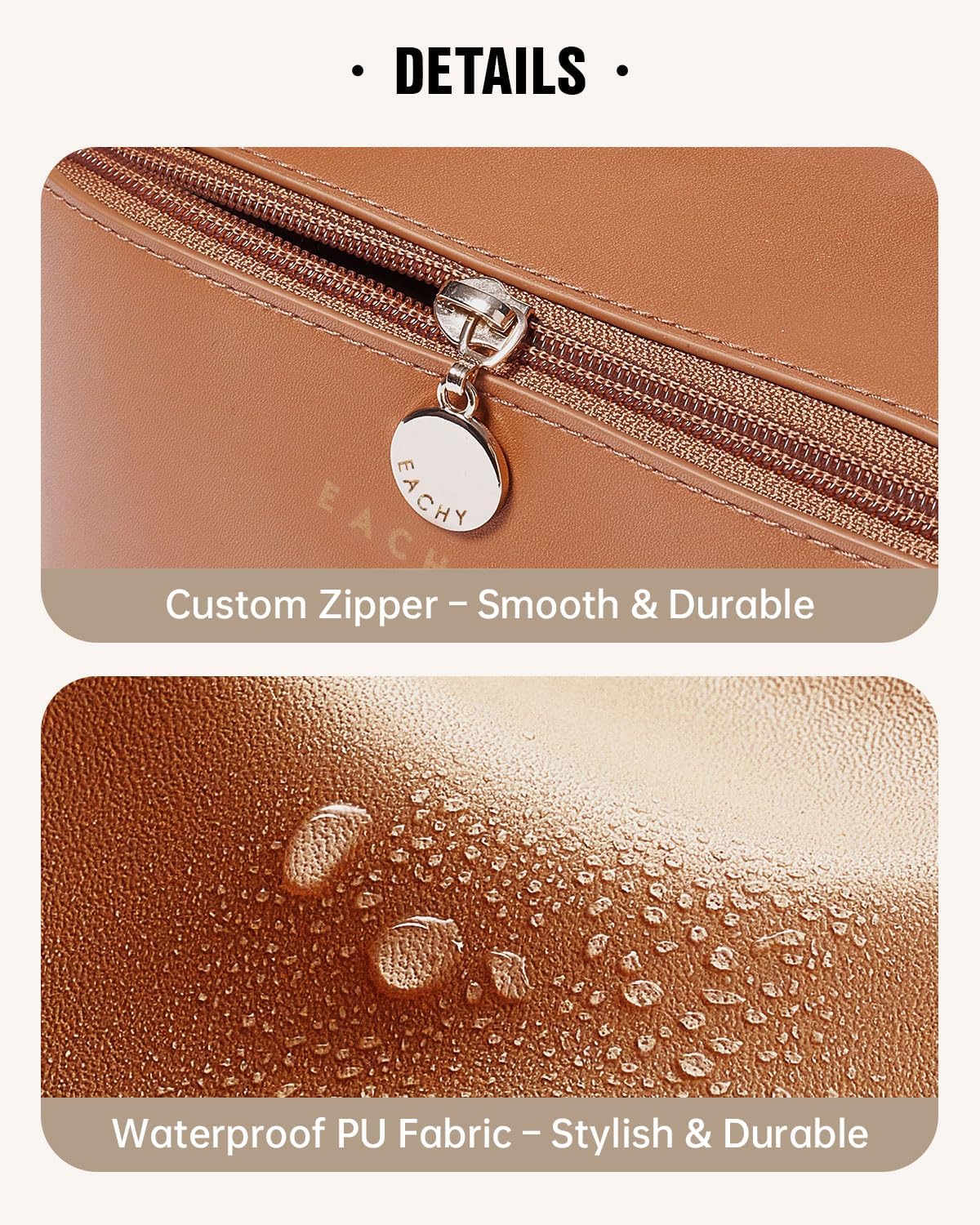 EACHY Travel Makeup Bag for Women, PU Leather Cosmetic Bag, Brown, Medium | Water-resistant PU leather exterior with flat-open access, clear TPU brush compartment and organized storage for cosmetics