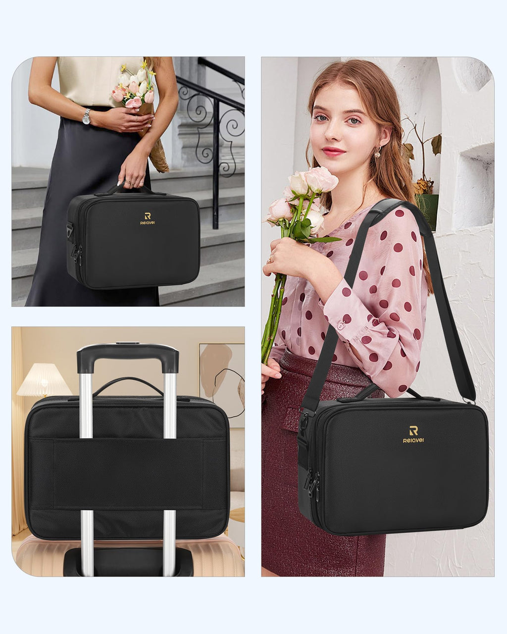 Relavel Makeup Case Large Makeup Bag Professional Train Case 16.5 inches Travel Cosmetic Organizer Brush Holder Waterproof Makeup Artist Storage Box, 3 Layer Large Capacity, with Adjustable Strap