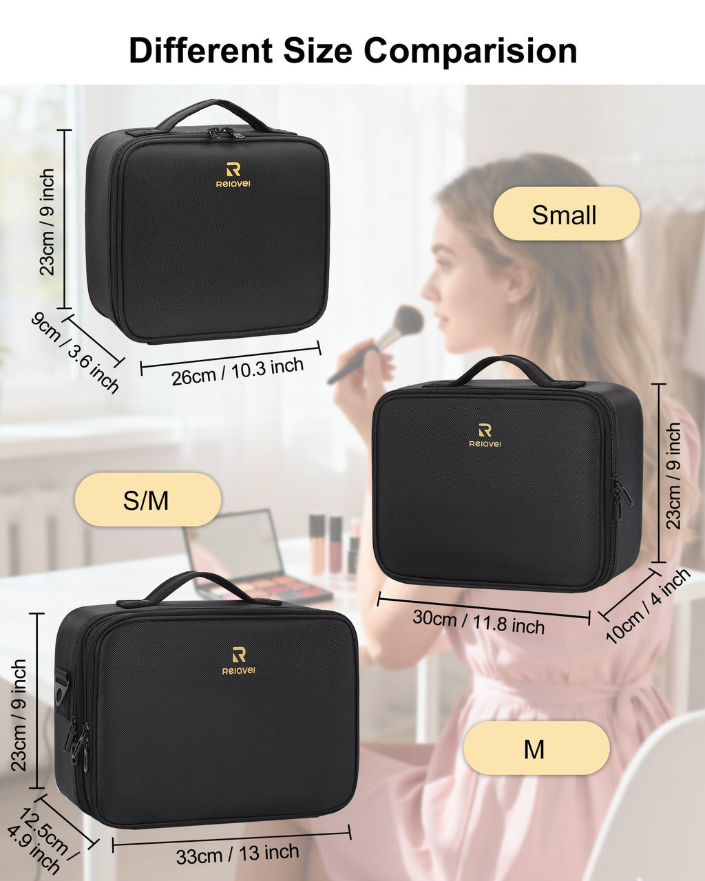 Relavel Makeup Case Large Makeup Bag Professional Train Case 16.5 inches Travel Cosmetic Organizer Brush Holder Waterproof Makeup Artist Storage Box, 3 Layer Large Capacity, with Adjustable Strap