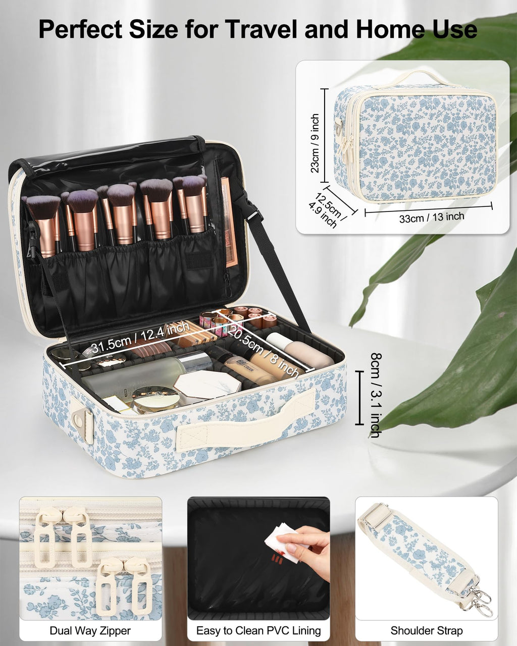 Relavel Makeup Case Large Makeup Bag Professional Train Case 16.5 inches Travel Cosmetic Organizer Brush Holder Waterproof Makeup Artist Storage Box, 3 Layer Large Capacity, with Adjustable Strap
