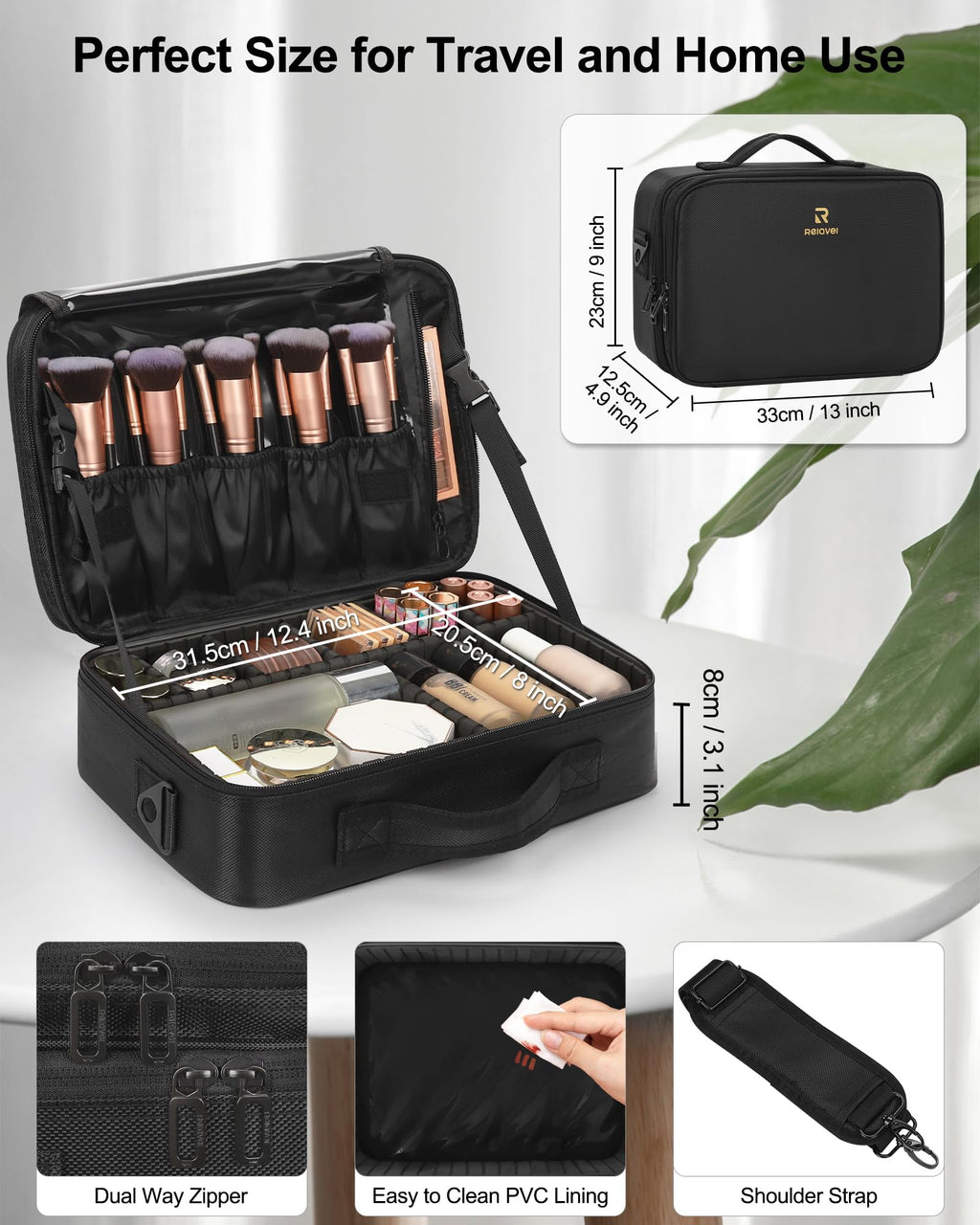 Relavel Makeup Case Large Makeup Bag Professional Train Case 16.5 inches Travel Cosmetic Organizer Brush Holder Waterproof Makeup Artist Storage Box, 3 Layer Large Capacity, with Adjustable Strap