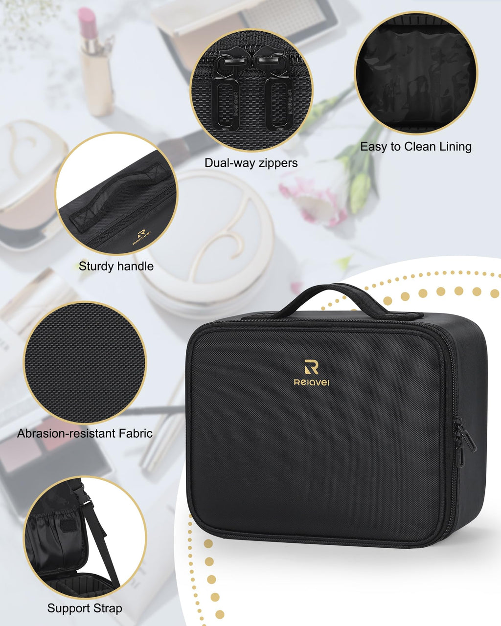 Relavel Makeup Case Large Makeup Bag Professional Train Case 16.5 inches Travel Cosmetic Organizer Brush Holder Waterproof Makeup Artist Storage Box, 3 Layer Large Capacity, with Adjustable Strap