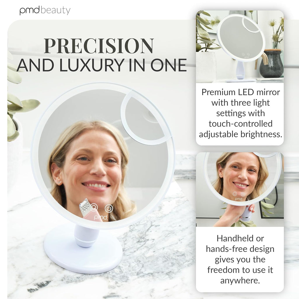PMD Reflect Pro - Premium Beauty LED Mirror with TriLume Technology & Handheld Capabilities - Three Light Modes - 360° Rotation, 90° Tilt, & 5x Magnification - Travel Ready