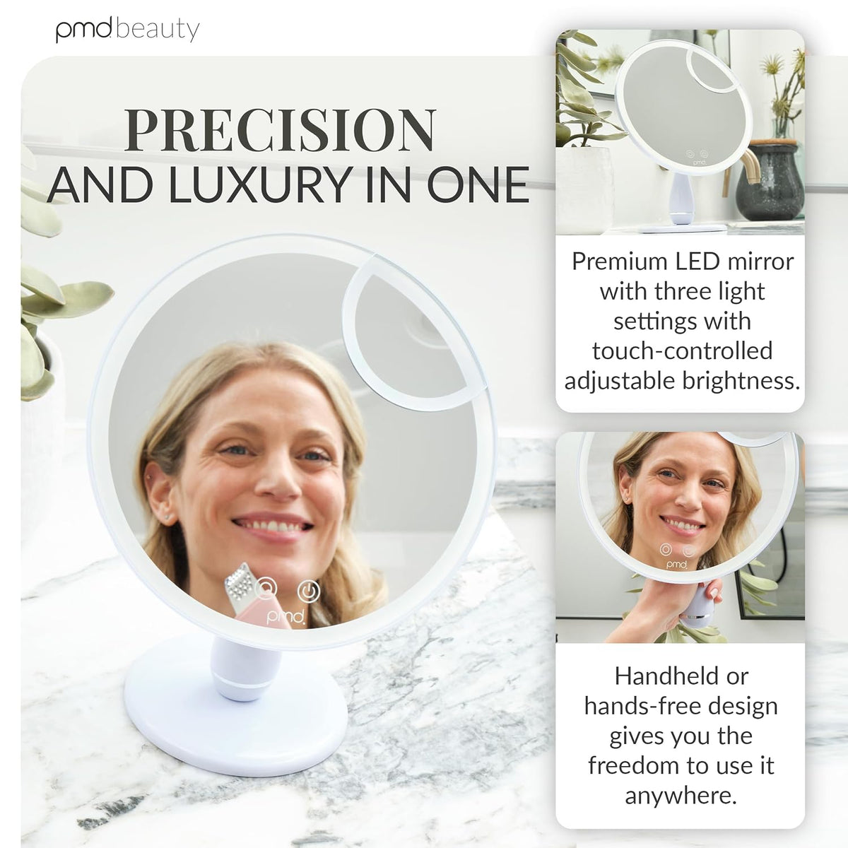 PMD Reflect Pro - Premium Beauty LED Mirror with TriLume Technology & Handheld Capabilities - Three Light Modes - 360° Rotation, 90° Tilt, & 5x Magnification - Travel Ready