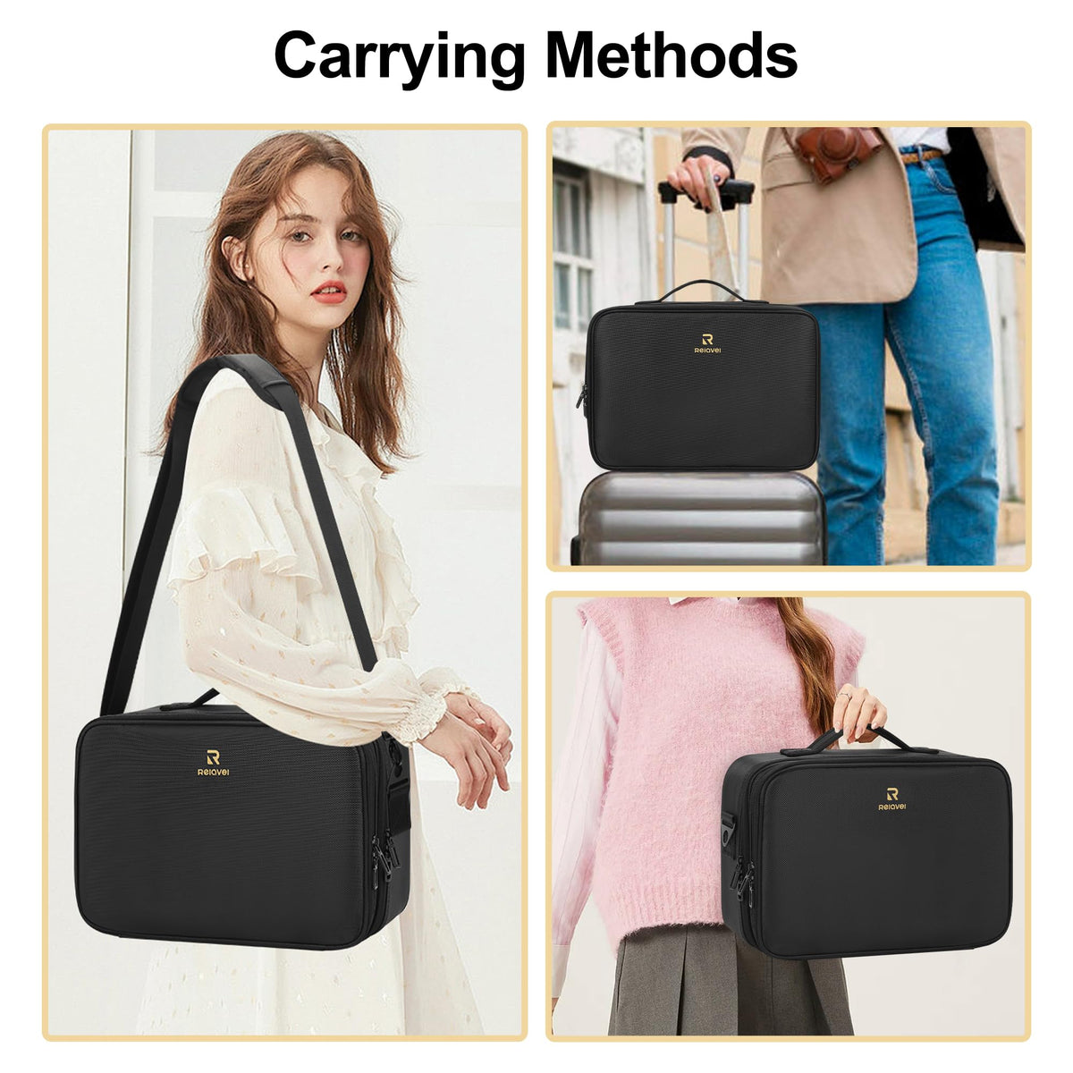 Relavel Makeup Case Large Makeup Bag Professional Train Case 16.5 inches Travel Cosmetic Organizer Brush Holder Waterproof Makeup Artist Storage Box, 3 Layer Large Capacity, with Adjustable Strap