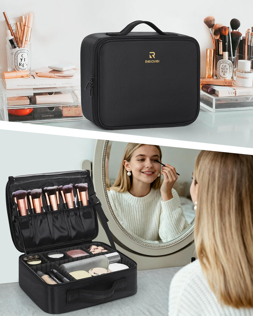 Relavel Makeup Case Large Makeup Bag Professional Train Case 16.5 inches Travel Cosmetic Organizer Brush Holder Waterproof Makeup Artist Storage Box, 3 Layer Large Capacity, with Adjustable Strap
