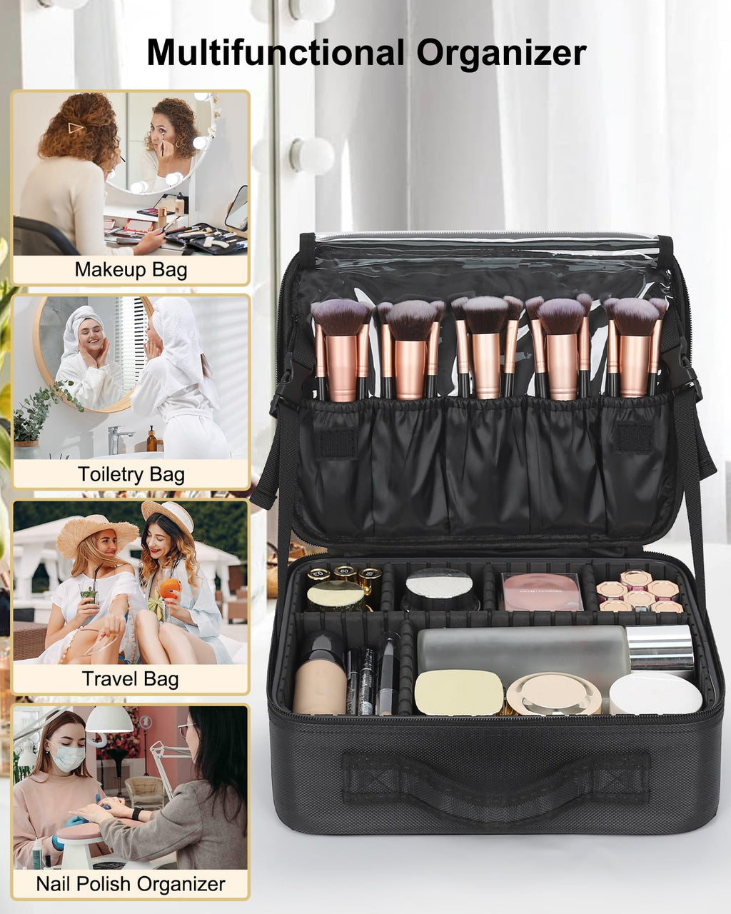 Relavel Makeup Case Large Makeup Bag Professional Train Case 16.5 inches Travel Cosmetic Organizer Brush Holder Waterproof Makeup Artist Storage Box, 3 Layer Large Capacity, with Adjustable Strap