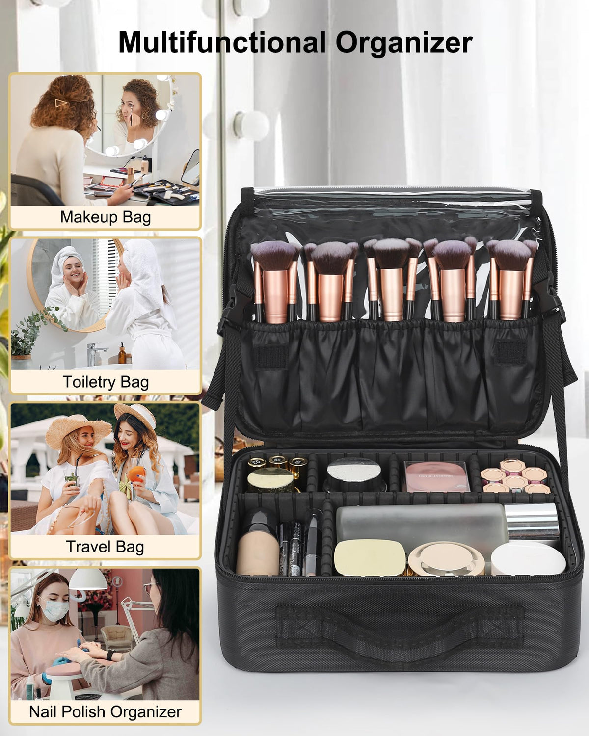 Relavel Makeup Case Large Makeup Bag Professional Train Case 16.5 inches Travel Cosmetic Organizer Brush Holder Waterproof Makeup Artist Storage Box, 3 Layer Large Capacity, with Adjustable Strap