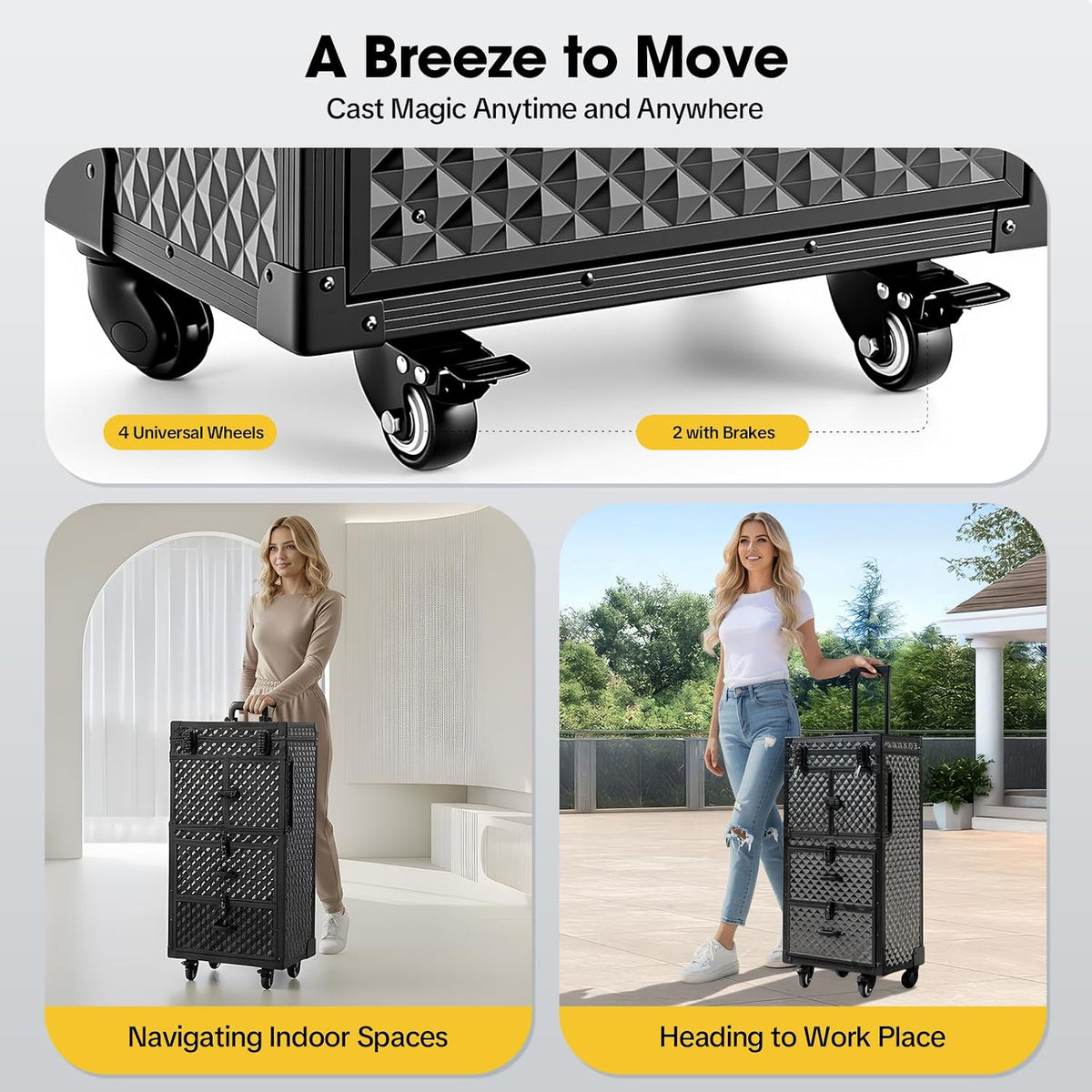 Professional Rolling Lockable Makeup Train Case on Wheels, Aluminum Makeup Travel Organizer Cosmetic Case With 4Universal Wheels/2Combination Locks Retractable Tray For Hairdresser Makeup Artist