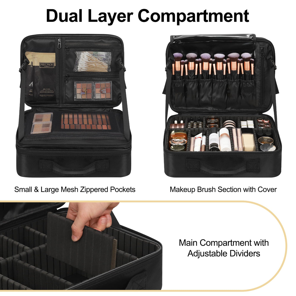 Relavel Makeup Case Large Makeup Bag Professional Train Case 16.5 inches Travel Cosmetic Organizer Brush Holder Waterproof Makeup Artist Storage Box, 3 Layer Large Capacity, with Adjustable Strap