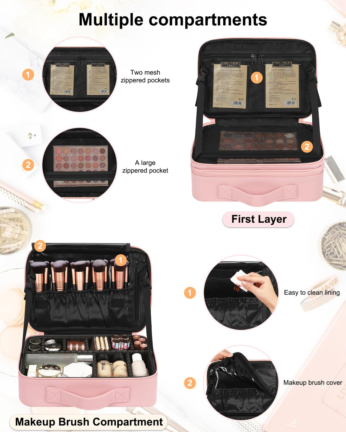 Relavel Makeup Case Large Makeup Bag Professional Train Case 16.5 inches Travel Cosmetic Organizer Brush Holder Waterproof Makeup Artist Storage Box, 3 Layer Large Capacity, with Adjustable Strap