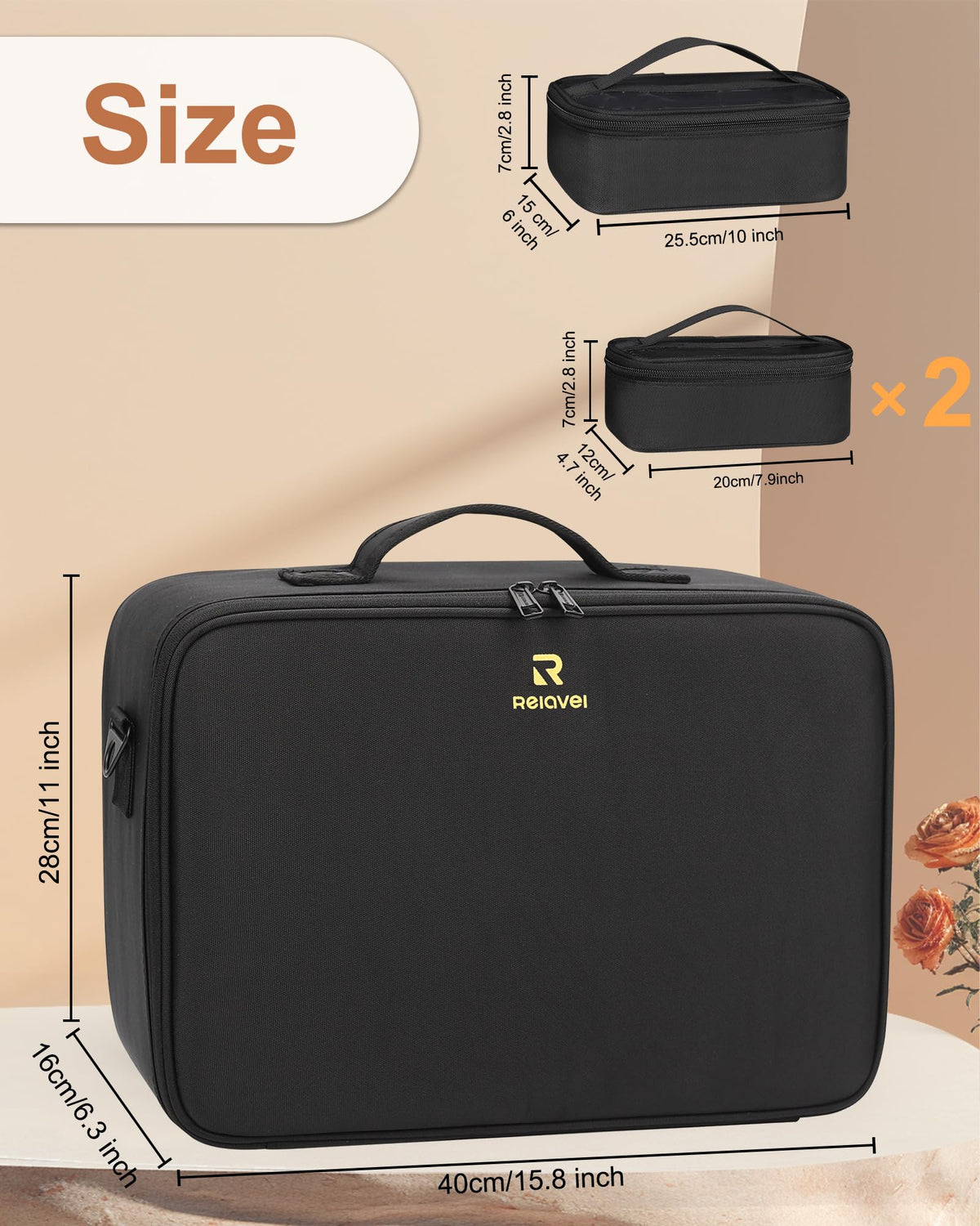 Relavel Makeup Case Large Makeup Bag Professional Train Case 16.5 inches Travel Cosmetic Organizer Brush Holder Waterproof Makeup Artist Storage Box, 3 Layer Large Capacity, with Adjustable Strap