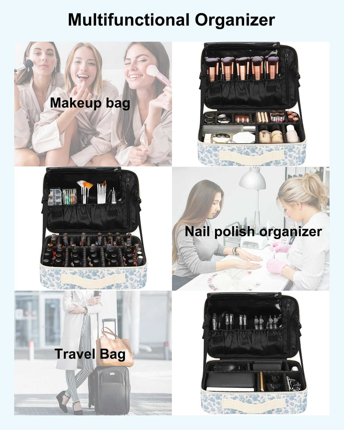 Relavel Makeup Case Large Makeup Bag Professional Train Case 16.5 inches Travel Cosmetic Organizer Brush Holder Waterproof Makeup Artist Storage Box, 3 Layer Large Capacity, with Adjustable Strap