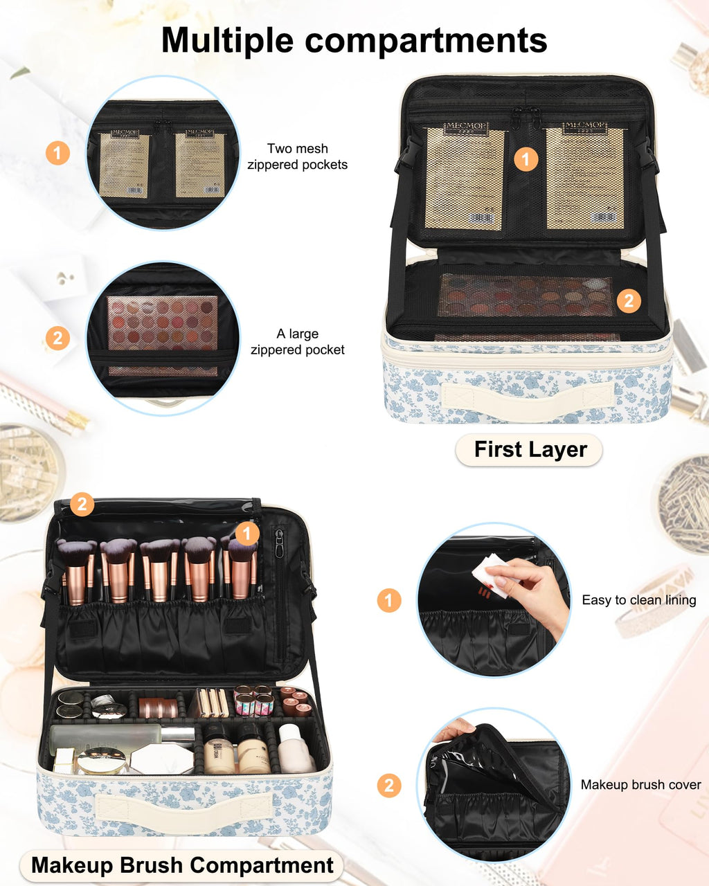 Relavel Makeup Case Large Makeup Bag Professional Train Case 16.5 inches Travel Cosmetic Organizer Brush Holder Waterproof Makeup Artist Storage Box, 3 Layer Large Capacity, with Adjustable Strap