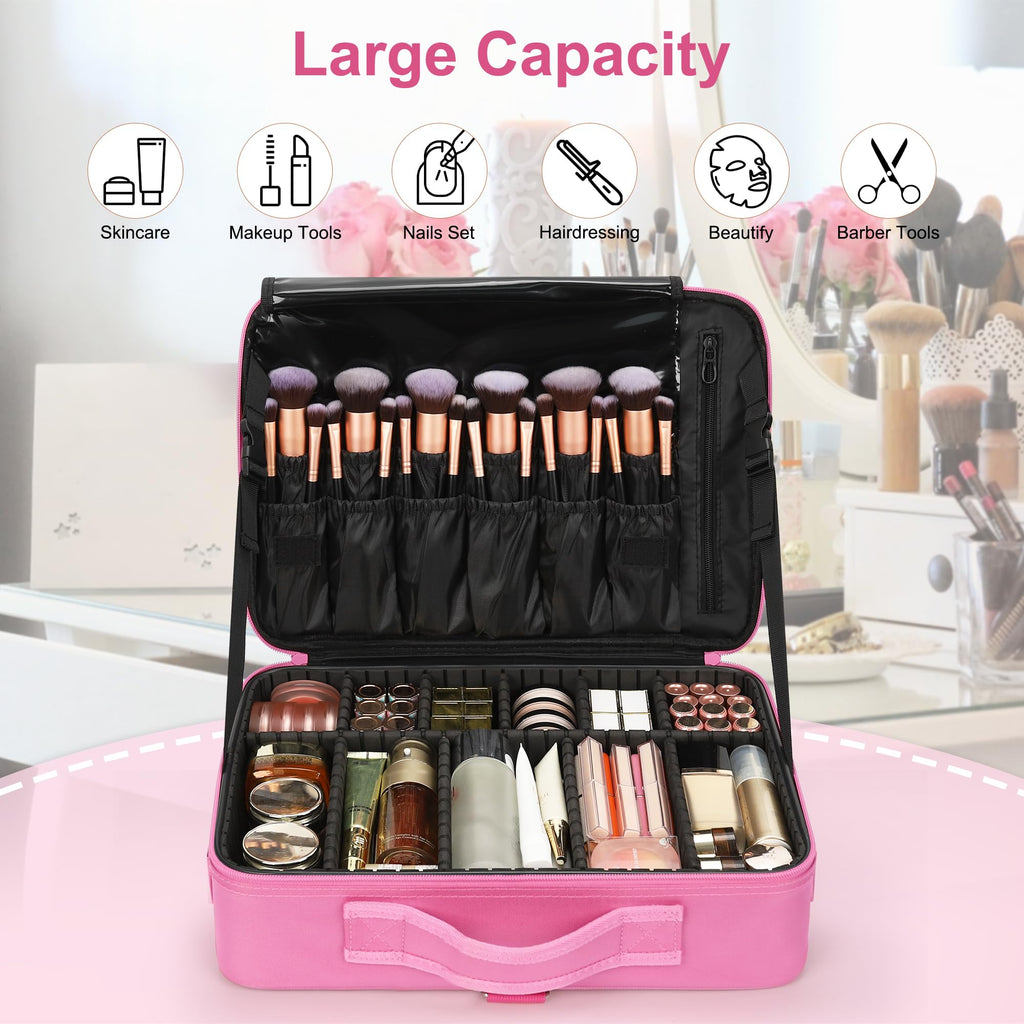 Relavel Makeup Case Large Makeup Bag Professional Train Case 16.5 inches Travel Cosmetic Organizer Brush Holder Waterproof Makeup Artist Storage Box, 3 Layer Large Capacity, with Adjustable Strap