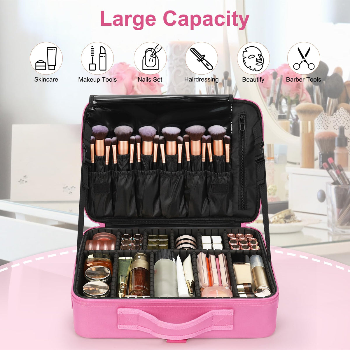 Relavel Makeup Case Large Makeup Bag Professional Train Case 16.5 inches Travel Cosmetic Organizer Brush Holder Waterproof Makeup Artist Storage Box, 3 Layer Large Capacity, with Adjustable Strap
