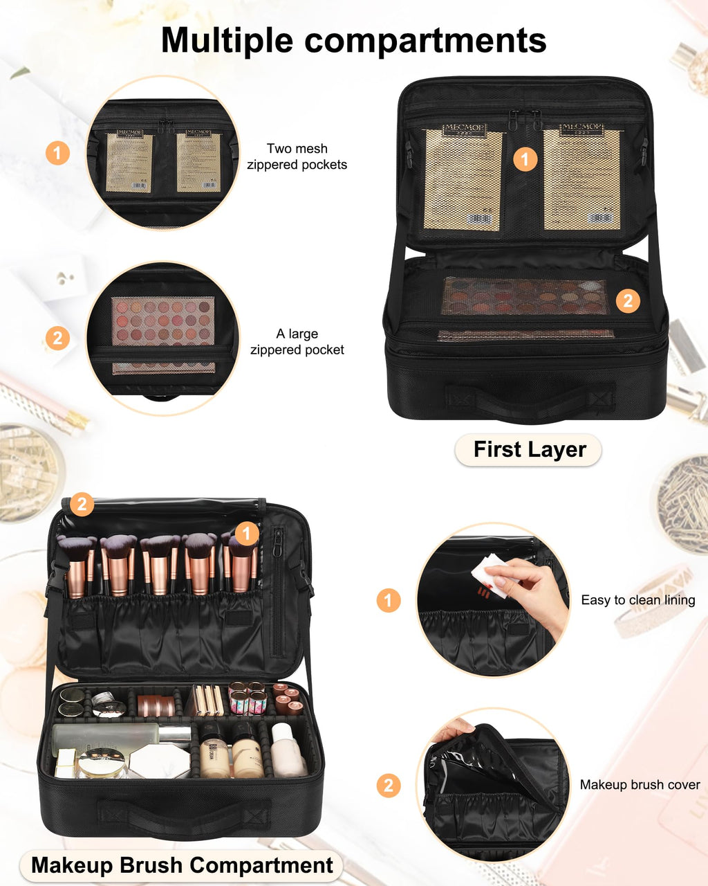 Relavel Makeup Case Large Makeup Bag Professional Train Case 16.5 inches Travel Cosmetic Organizer Brush Holder Waterproof Makeup Artist Storage Box, 3 Layer Large Capacity, with Adjustable Strap