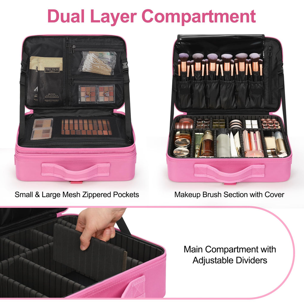 Relavel Makeup Case Large Makeup Bag Professional Train Case 16.5 inches Travel Cosmetic Organizer Brush Holder Waterproof Makeup Artist Storage Box, 3 Layer Large Capacity, with Adjustable Strap